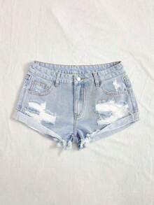 Distressed Rolled Hem Casual Denim Shorts For Summer - 輕洗 - 查看 4