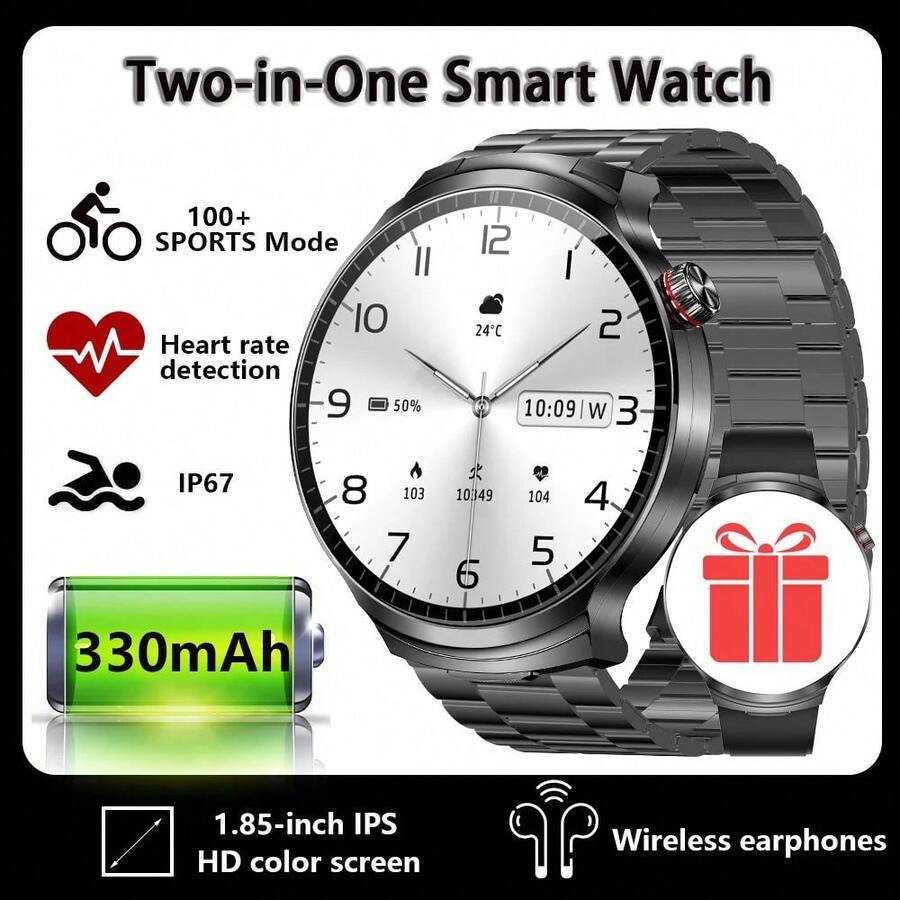 2 En 1 Reloj Inteligente Rastreador Brújula Auriculares Incorporados Llamada Bluetooth Reloj Inteligente Monitor De Salud Fitnes - Fleje de acero negro - Ver 1