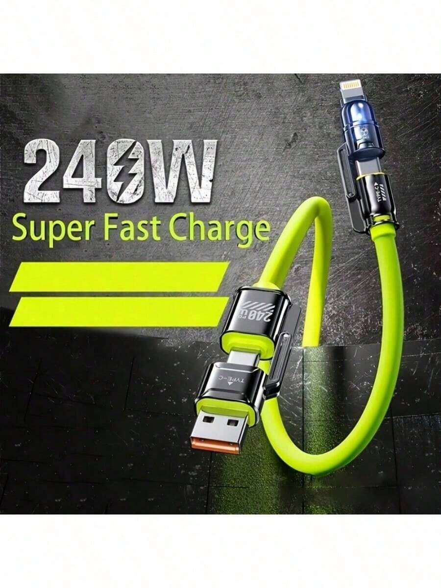 240W 4合1 USB 快充線，最大輸出功率 240W 多功能 USB-C 快充線。配備 Type-C/USB-A/Lightning 接口與雙接口設計，支持三種充電模式：USB-A/Type-C/Lightning。兼容 16/15/14/13/12/11 Pro Max，兼容 S25/S24/S23 及其他設備 - 彩色 - 查看 1
