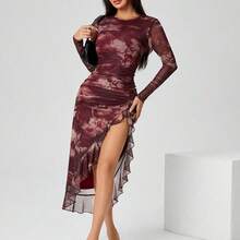 guangzhougaolangshangmao  PETITE Vestido de fiesta asimétrico con abertura y hoja de loto para mujer - Rosa vieja - Ver 7