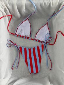 女款純色加強縫線掛脖綁帶兩件式比基尼泳衣，性感高端極簡風夏季泳裝 - 紅藍寬豎條 - 查看 3