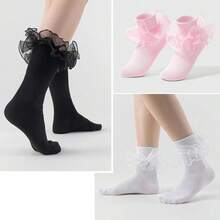 NEW- Women Big Ruffle Ankle Socks,Adult Double Lace Turn Cuff Cotton Frilly Dress Socks Cute Bobby Sock - 3 Pairs - Black, White, Pink 46182 - View 3