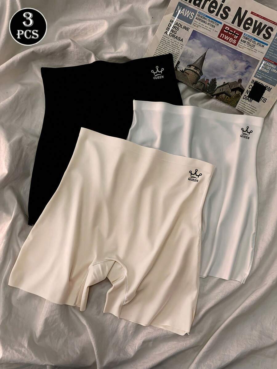 3 piezas Bragas de mujer de cintura alta sin costuras, con control de barriga, antiroces, simples y elegantes de un solo color o estampadas, cómodas y de material amigable con la piel - Negro+Azul+Albaricoque - Ver 1