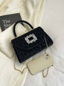 Fashionable Minimalist Rhinestone Metal Decor Leopard Print Flap Mini Square Bag, Elegant Handbag Suitable For Women Shopping, Party, Evening And Daily Use - Black - View 3