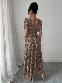 xheElenzga Vestido maxi elegante de estilo francés con cuello en V, hombros caídos, fruncido y línea A, adecuado para la playa, el té de la tarde y fiestasxhe - Marrón Chocolate - Ver 2