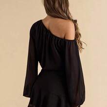 Vestido corto y mini de gasa negra sólido con cuello asimétrico, mangas farol sueltas para mujer, vestido de gasa para vacaciones - Café integral - Ver 3