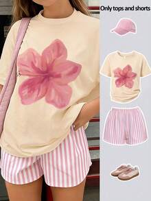 2pcs/Set Girls Outfit, Includes 1pc Round Neck Short Sleeve T-Shirt And 1pc Pink & White Vertical Striped Casual Shorts With Floral Print, Suitable For Summer - Multicolor - View 2
