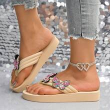 Sandalias de playa con cuña negra cómoda y suela gruesa con decoración de pavo real de metal para mujer - Beis - Ver 5