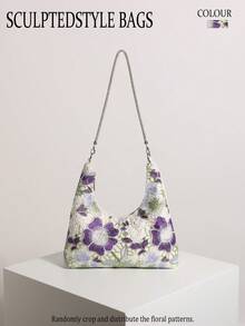 Yellow Green Lace Hollow Floral Hobo Shoulder Bag With Sparkling Rhinestones For Women, Suitable For Vacation (Floral Pattern Randomly Distributed) - Purple - View 9