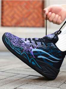 1 Pair Black & Purple Camo Graffiti Dream Basketball Shoes, Campus Style Basketball Game Shoes, Training Shoes, Wear-Resistant, Non-Slip, Shock-Absorbing, Soft & Bouncy, Breathable, Comfortable - Black - View 8