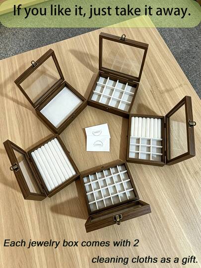 A Vintage-Style Jewelry Box Featuring A Clear Glass Lid And A Removable Velvet Tray With Compartments; Suitable For Storing Rings, Earrings, And Necklaces. It Serves As Both A Portable Storage Case And A Display Box-Making It An Ideal Gift For Women.
