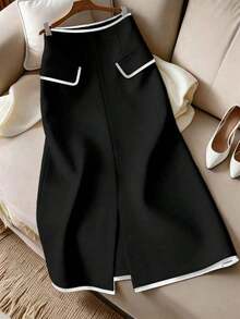 Falda con abertura y ribete en beige y negro, elegante para mujer en primavera/verano - Blanco y Negro - Ver 1