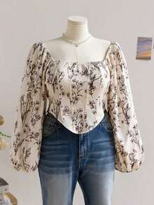 2026 Plus Size Women's Floral Print Square Neck Long Sleeve Blouse, For Vacation/Back To School Fall - Multicolor - Ver 10