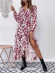 xheBreezaya Vestido largo estampado con mangas de farol, bajo con volantes y cinturón para mujerxhe - Rosa Fucsia - Ver 6
