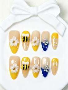 10 قطعة أظافر مصنوعة يدويًا من اللوز المتوسط، أظافر مزيفة فرنسية جميلة باللون الأصفر والأزرق، بطراز صيفي مزين بنحلة ثلاثية الأبعاد وزهرة ثلاثية الأبعاد وبلورات لامعة ونقاط عسل، أظافر أكريليك قابلة لإعادة الاستخدام للعطلات والاستخدام اليومي - أصفر - مشاهدة 5