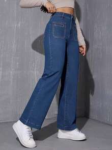 ALO FASHION Pantalones vaqueros de mujer de talle alto y pierna ancha, vaqueros largos lavados con bolsillos delanteros de parche para un look casual de otoño. - azul real - Ver 4