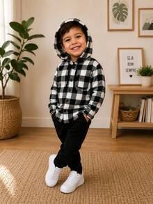 Long-Sleeved Flannel Plaid Shirt - White Checkered Hooded Shirt - View 2