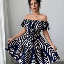 Nana's Women's Clothing Store  Vestido casual y elegante de vacaciones con volantes en la cintura, estampado de rayas azul marino, hombros descubiertos y falda acampanada, adecuado para carnaval, Día del Trabajo, Pascua, vuelta al colegio, playa, jardín y estilo callejero en verano - Negro01 - Ver 7