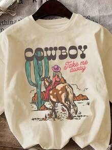 Women's Graphic Print Cotton T-Shirt - "Cowgirl Take Me Away Desert" Design, Loose Fit, Short Sleeve, Crew Neck, Breathable, Casual, For Parties And Everyday Wear, Ladies' T-Shirts, Cowboy Theme T-Shirt, Comfortable Fabric, Party Outfit, Cartoon Design, Soft Material, Printed T-Shirt, For Adults (Sweet And Refreshing, For Teens, Unisex) - 杏色 - 查看 8