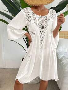Swim Vcay Vestido cover up de croché en contraste de manga con volante - Blanco - Ver 6