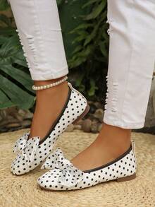 1 Pair Women's Summer Lightweight Mary Jane Shoes, White Fashion Polka Dot Bow Round Toe Slip-On Design - White - View 6