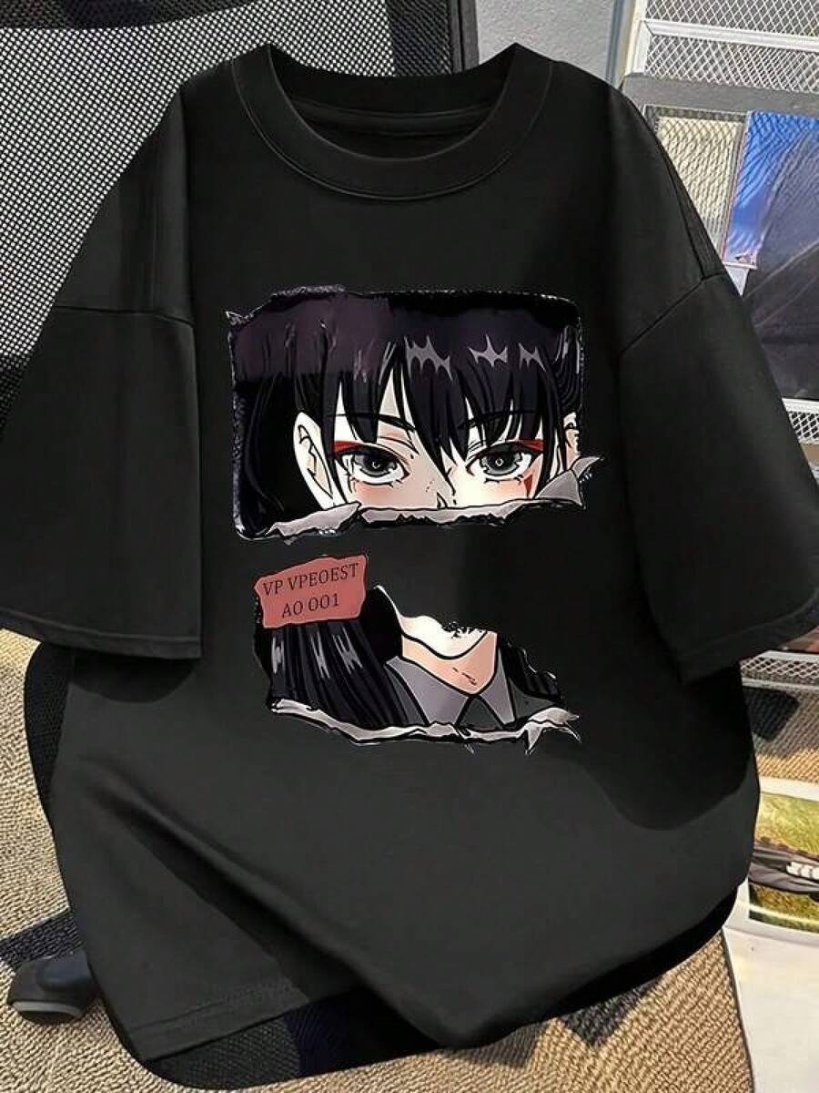 100% Premium Cotton 180g: Unique Y2K Anime-Style T-Shirt With An Intriguing Look And Striking Graphic Details, Perfect For Pop Culture And Urban Fashion Lovers In Mexico. Ideal For Highlighting Your Personal Style And Standing Out From The Crowd. Premium Hip Hop And Rap Style Loose Fit Urban Fashion, With Excellent Quality And Price. - 黑色 - 查看 1