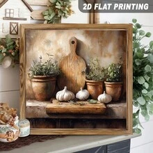 2D Flat, 1-Piece 2D Flat, Country Kitchen Still Life Painting With Garlic And Herbs In A Wooden Frame Sign, Vintage Wall Art, Farmhouse Style Decor For Kitchen, Dining Room, Home, Autumn Harvest, Spring Cooking, Cozy Living Space Decorative Signs And Panels, 8x8inch, 2D Flat - 8*8 Inches (20*20cm) - View 3