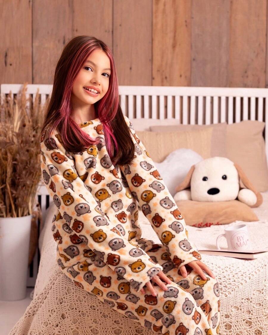Children's Plush Teddy Pajamas For Winter, Cold Weather, Closed, Beige Bear - 米色 - 查看 1