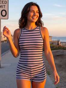 Womens Summer Striped Shorts Outfit Slim Fit Stylish Crew Neck Sleeveless Tops and Shorts 2 Pcs Set - Rosa - Ver 2