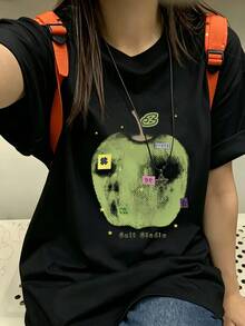 Women's Clothing: Women's Loose And Casual Short-Sleeved T-Shirt, Sweet And  Street Style, Green Apple And Letter Print, Pure Cotton Fabric, Suitable For Everyday Summer Wear, Versatile Casual Sports Top. - 黑色 - 查看 2