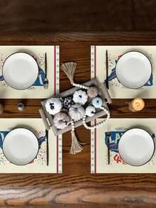 4 piezas Manteles individuales con estilo del Día de la Independencia con letras y diseño de fuegos artificiales, lavables, adecuados para decoración del hogar, mesa de comedor, cocina, fiesta, cena festiva en interiores, decoración de patio exterior - Multicolor - Ver 2