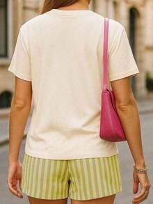 2pcs/Set Women's Casual Lemon Print T-Shirt & Striped Shorts, Summer - Màu vàng - Xem 2