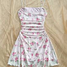 guangzhougaolangshangmao  Vestido mini de línea A con tirantes de espagueti rosa y romántico Ditsy Floral para mujer, adecuado para fiesta, cita, San Valentín, Pascua, carnaval, crucero por la playa, Afternoon vestido de moda para té, primavera/verano - Burdeos - Ver 9