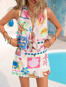 Conjunto de 2 piezas de top sin mangas con nudo y mini falda con estampado minimalista para mujer - Multicolor - Ver 9