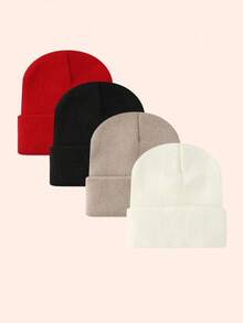 4pcs/Pack Solid Color Minimalist Knit Beanie, Unisex, Suitable For Casual Everyday Wear In Autumn/Winter - Multicolor - View 5