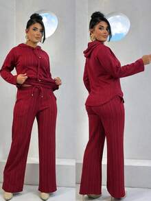 Women's Casual Solid Color Sweatshirt And Pants Set With Drawstring - Autumn Style - Burdeos - Ver 4