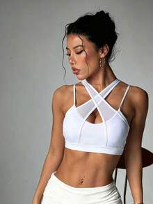 Women's Fashionable Solid Color Removable Padded Mesh Patchwork Sports Knit Bra - White - View 5