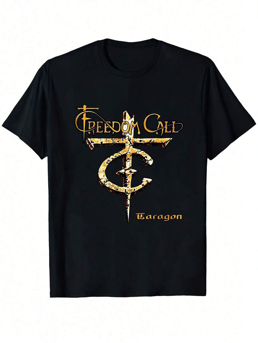 Camiseta gráfica Taragon de la banda de power metal alemana Freedom Call - Logotipo de la banda y diseño de espada, ropa de calle unisex suave y transpirable, atuendo casual, tallas, ropa para toda temporada, Rou - Negro - Ver 1