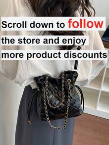 1pc Women's Nylon Handbag With Beaded & Pearl Decor, Fashion Drawstring Bucket Shoulder Bag - Black - View 2