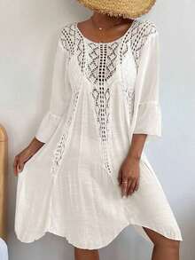 Swim Vcay Vestido cover up de croché en contraste de manga con volante - Blanco - Ver 4