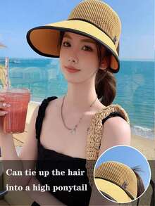 1pc Women's Solid Color Knitted Wide Brim Sun Hat, Breathable Mesh Top, Letter Print, Suitable For Outdoor Sports And Travel, Spring/Autumn/Summer - Multicolor - View 2