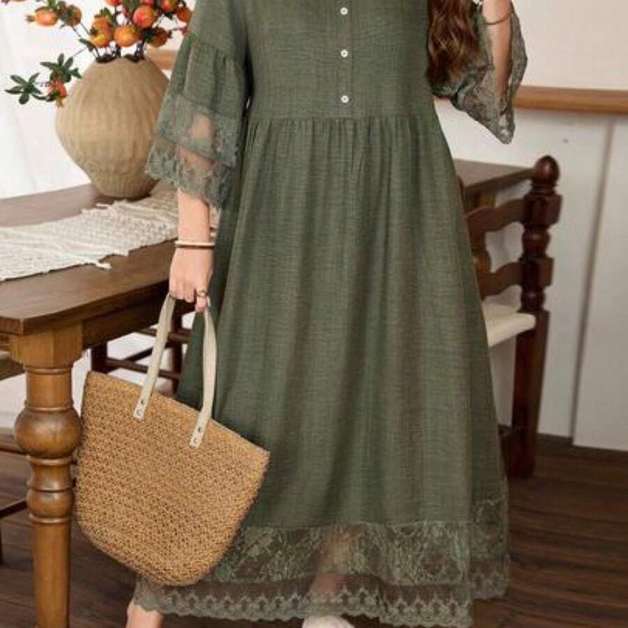 guangzhougaolangshangmao Lacomfia Vestido de línea A con parches de encaje floral vintage para mujer de talla grande - Verde - Ver 1