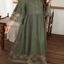 guangzhougaolangshangmao Lacomfia Vestido de línea A con parches de encaje floral vintage para mujer de talla grande - Verde - Ver 6