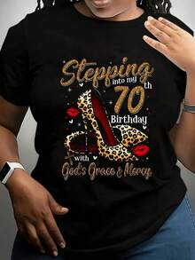 1 pieza de  playera para hombre y mujer, 100% algodón puro, cuello redondo casual con estampado, manga corta transpirable para uso diario. Sandalias de tacón alta para mujer que entran en mi cumplea?os de 70 a?os - Negro - Ver 1