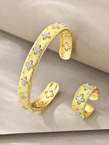 Gold Bangle Set, Versatile Textured White Gold Copper Inlaid Zirconia, Suitable For Daily Wear, Gatherings, Dates, Parties, Gifts - Gold - View 9