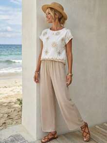 Conjunto de 2 piezas de top y pantalones con estampado vintage casual para vacaciones de mujer, conjunto de atuendo de vacaciones, conjunto de atuendos casuales de mujer, conjunto de atuendos de verano de mujer, conjunto bohemio para mujer, coords para mujer, pantalones y top, atuendo casual de playa para mujer, top conservador - Multicolor 7 - Ver 3