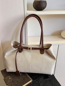 1pc Coffee Brown Strap Decor Large Capacity Canvas Patchwork Tote Bag, Women Shoulder Bag - Coffee Brown - View 3