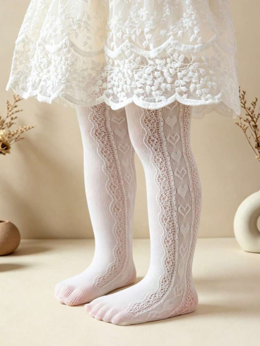 1件裝白色蕾絲女嬰幼兒女童褲襪，甜美愛心提花鏤空緊身褲，舒適百搭，適合日常穿著