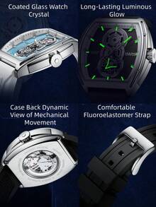 Relógio masculino automático mecânico, mostrador vazado, pulseira de borracha, relógio de pulso casual para negócios, 2 opções de cores FW-6029 - Tamanho Único - Ver 6