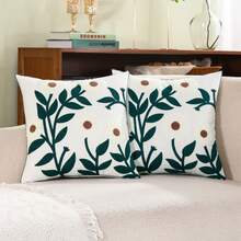 1pc Canvas Leaf & Flower Embroidered Throw Pillow Cover - White - View 7